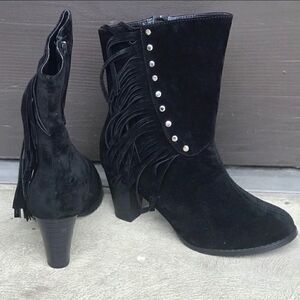 Alba Serena-2 Black Faux Micro Suede Fringed Mid Calf Boots Size 7.5